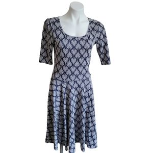 LuLaRoe Dress Medium 3/4 Sleeve Blue and White Patterned Fit and Flare